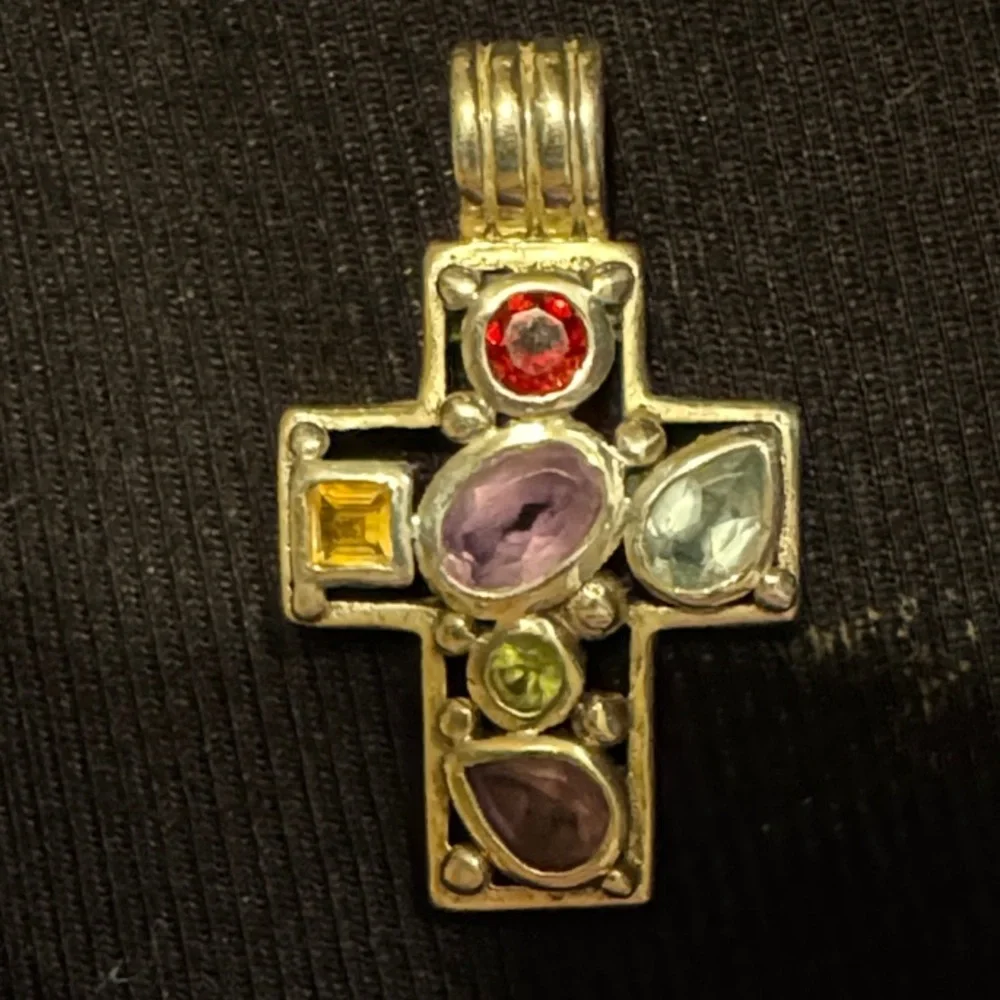 Silver Multi-Gemstone Cross Pendant
